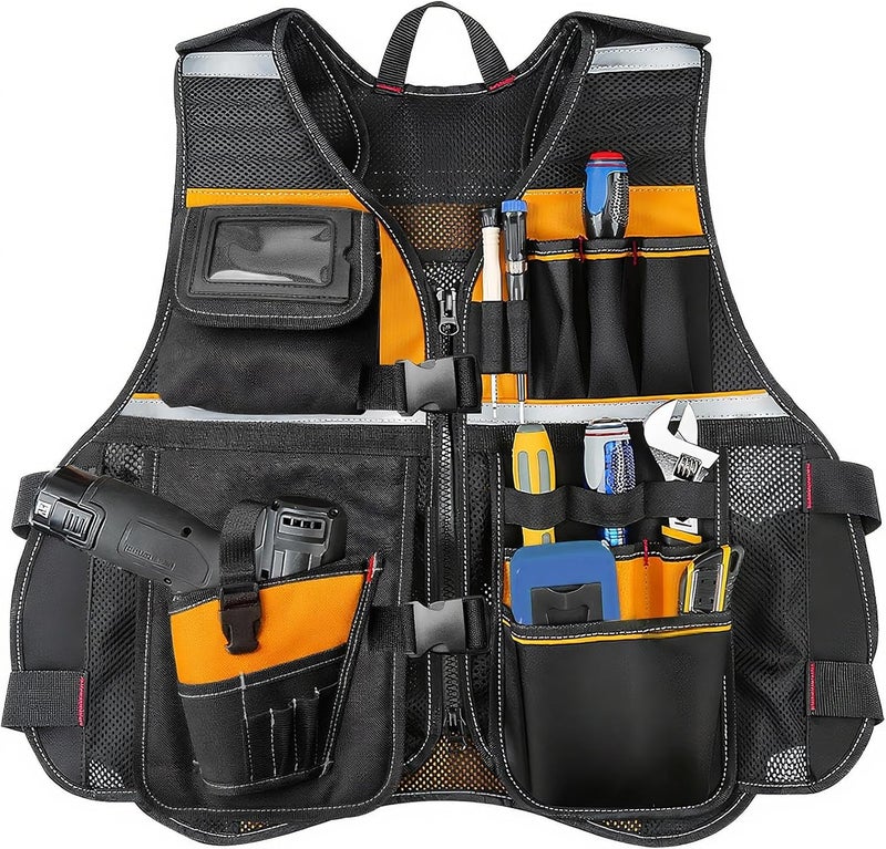 TooCust Tool Vest, Electrician Tool Vest for Men, 17 Compartments, Reflective Workwear with Drill Holster, Adjustable Waist & Upgraded Comfortable Neck Opening - Image 1